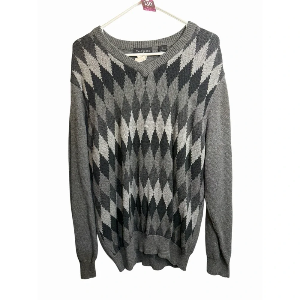van heusen mens long sleeve‎ sweater shirt size large cotton grey